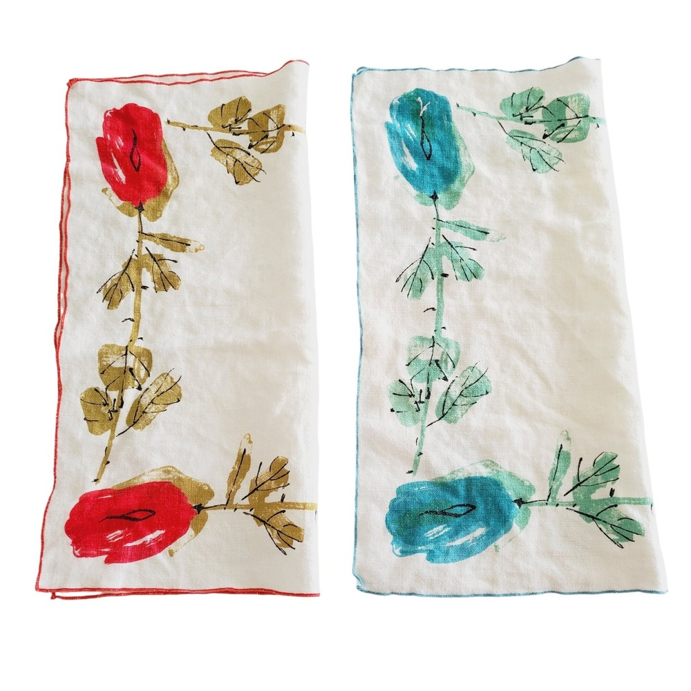 Vera Neumann Vintage Linen Napkins Set 2 Red Teal Blue Rose Floral MCM 70s